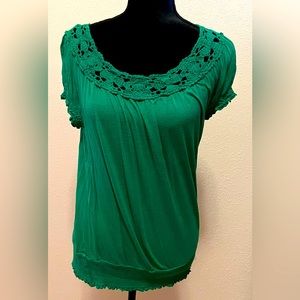 INC crochet cotton and rayon green blouse